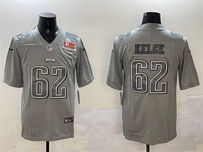 Men's Philadelphia Eagles #62 Jason Kelce Grey 2025 Super Bowl LIX Patch Atmosphere Fashion Vapor Untouchable Limited Stitched Football Jersey